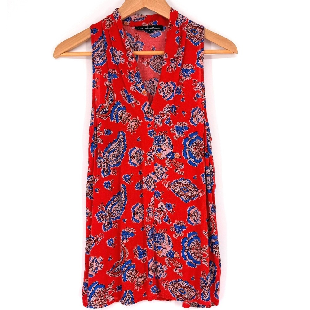 Red Paisley Handkerchief Print Sleeveless Flowy Folk Blouse or Mini Dress Small